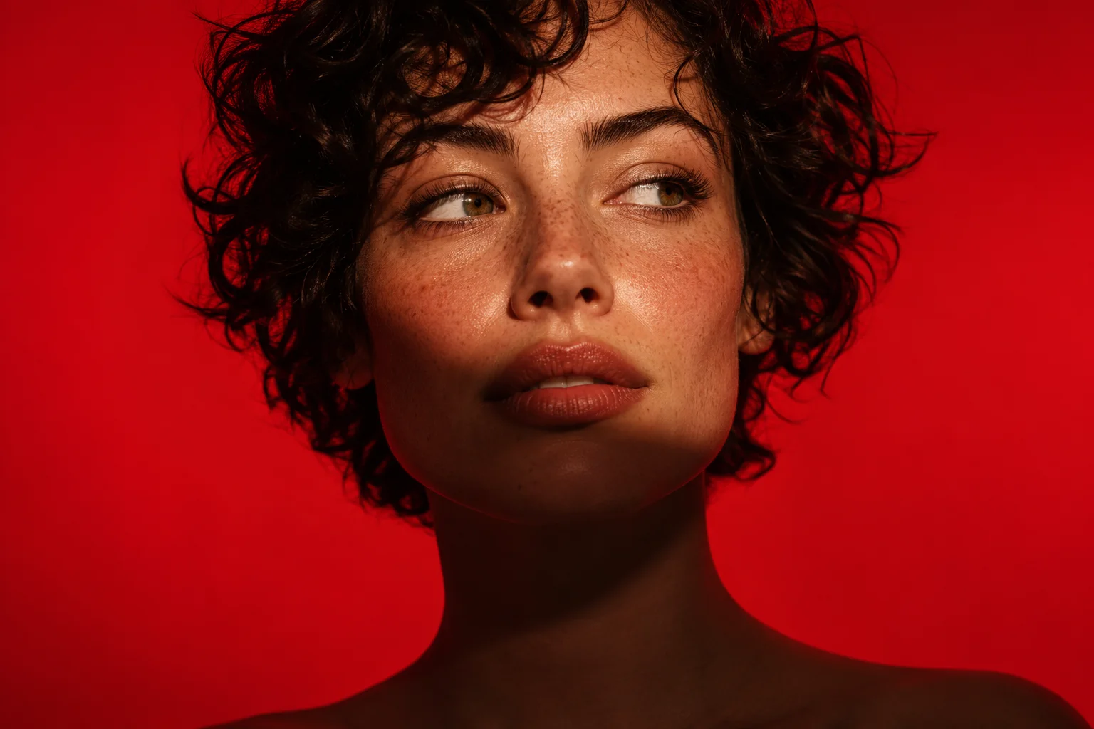 Original editorial portrait with a vivid red backdrop and dramatic shadows